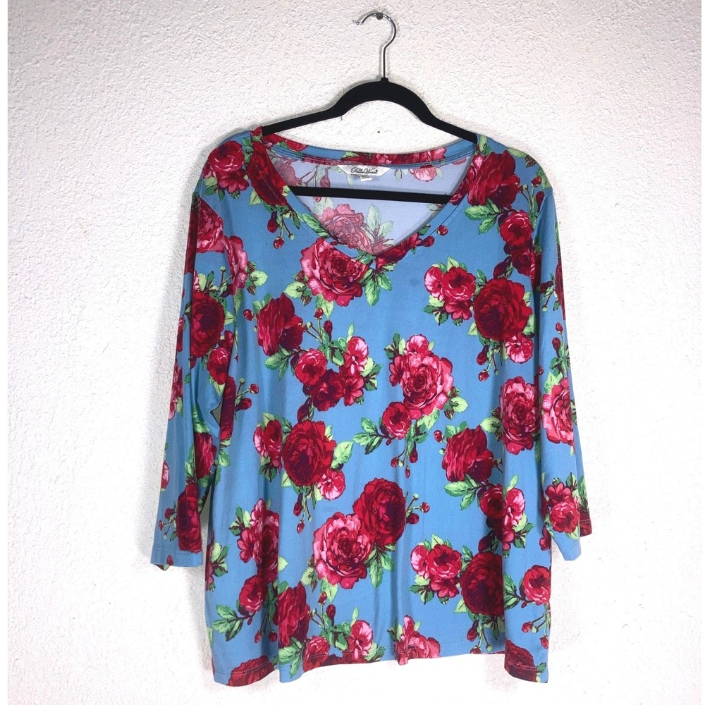 The Pioneer Woman Blue Red Rose Floral V-Neck 3/4 Sleeve Top XL